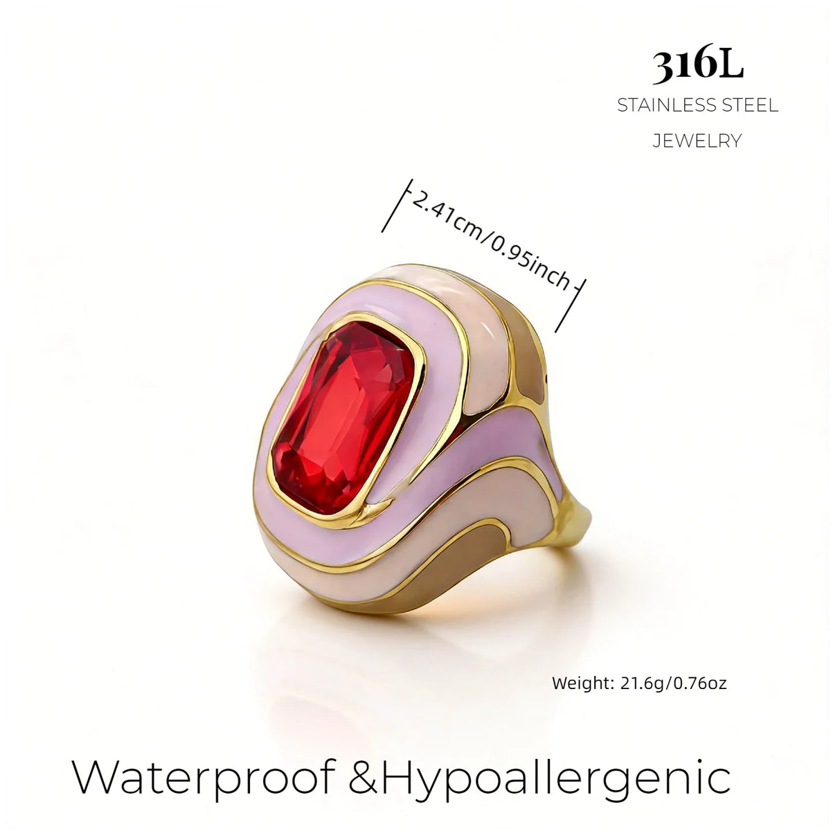 Wholesale 316L Stainless Steel Rings 18K PVD Gold Plated Colorful Enamel Band Large Gemstone Fashion Statement Jewelry for Women-6
