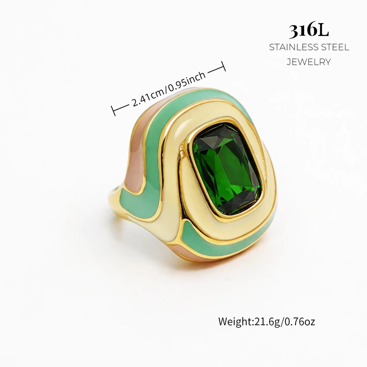 Wholesale 316L Stainless Steel Rings 18K PVD Gold Plated Colorful Enamel Band Large Gemstone Fashion Statement Jewelry for Women-9