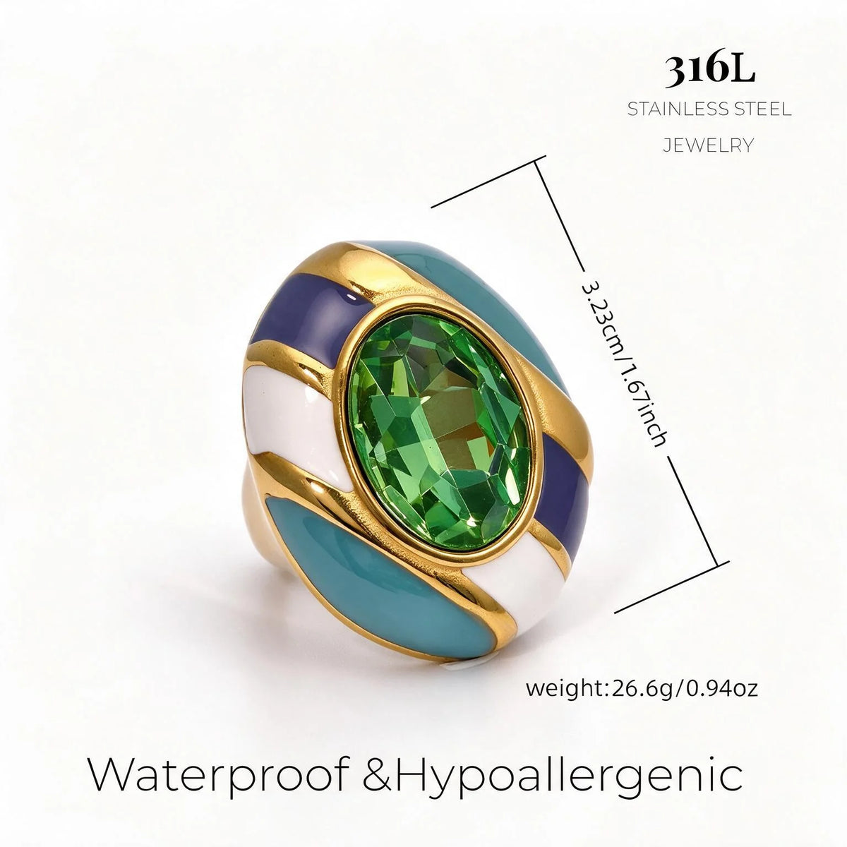 Vintage Oval Glass Stone Enamel Statement Ring Gold Plated Stainless Steel Bold Colorful Chunky Cocktail Ring Fashion Jewelry-10