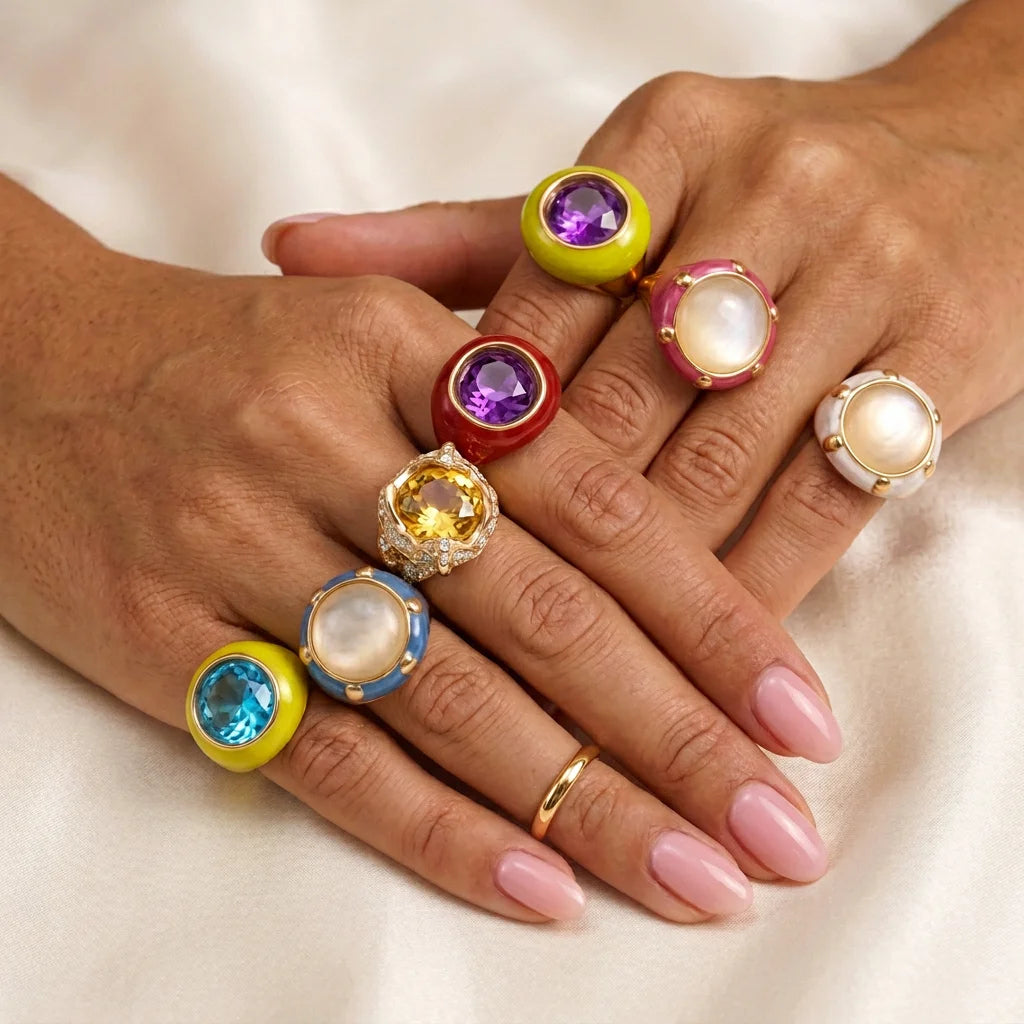Color Enamel Statement Ring Cat's Eye Faceted Glass Gem Gold Plated Stainless Steel Hypoallergenic Vintage Women Cocktail Rings-0