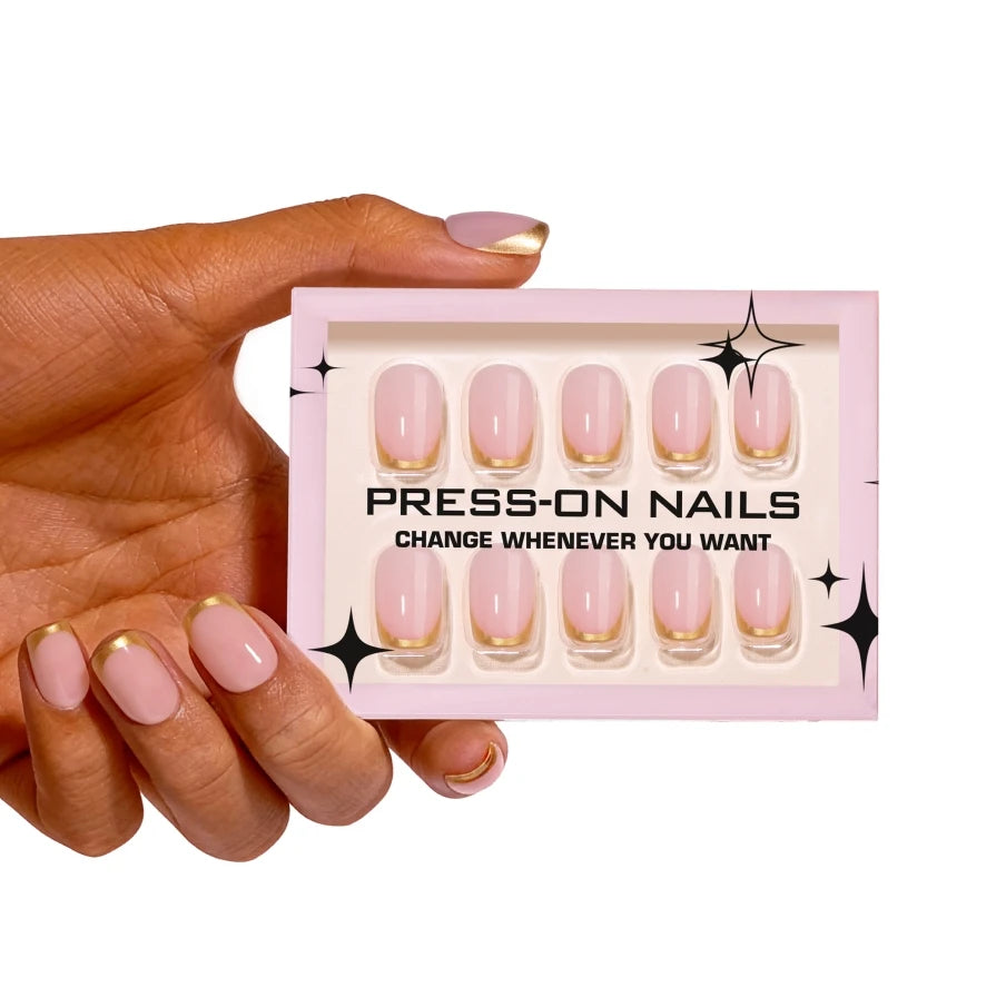 French-style Golden Glitter-coated High-quality 30pcs Acrylic Nail Reusable Stick-on Nails Short square Flexible Press on Nails-6