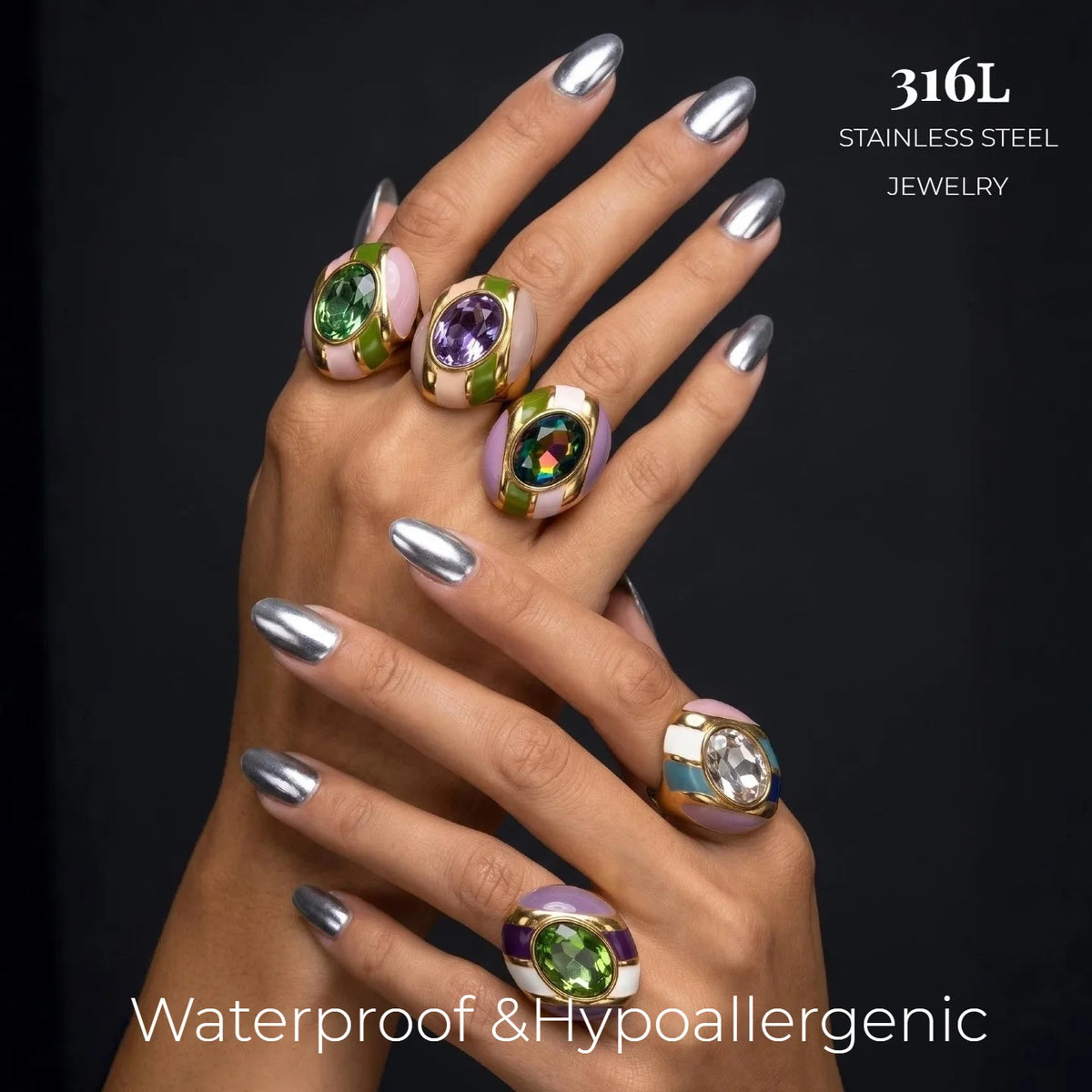 Vintage Oval Glass Stone Enamel Statement Ring Gold Plated Stainless Steel Bold Colorful Chunky Cocktail Ring Fashion Jewelry-0