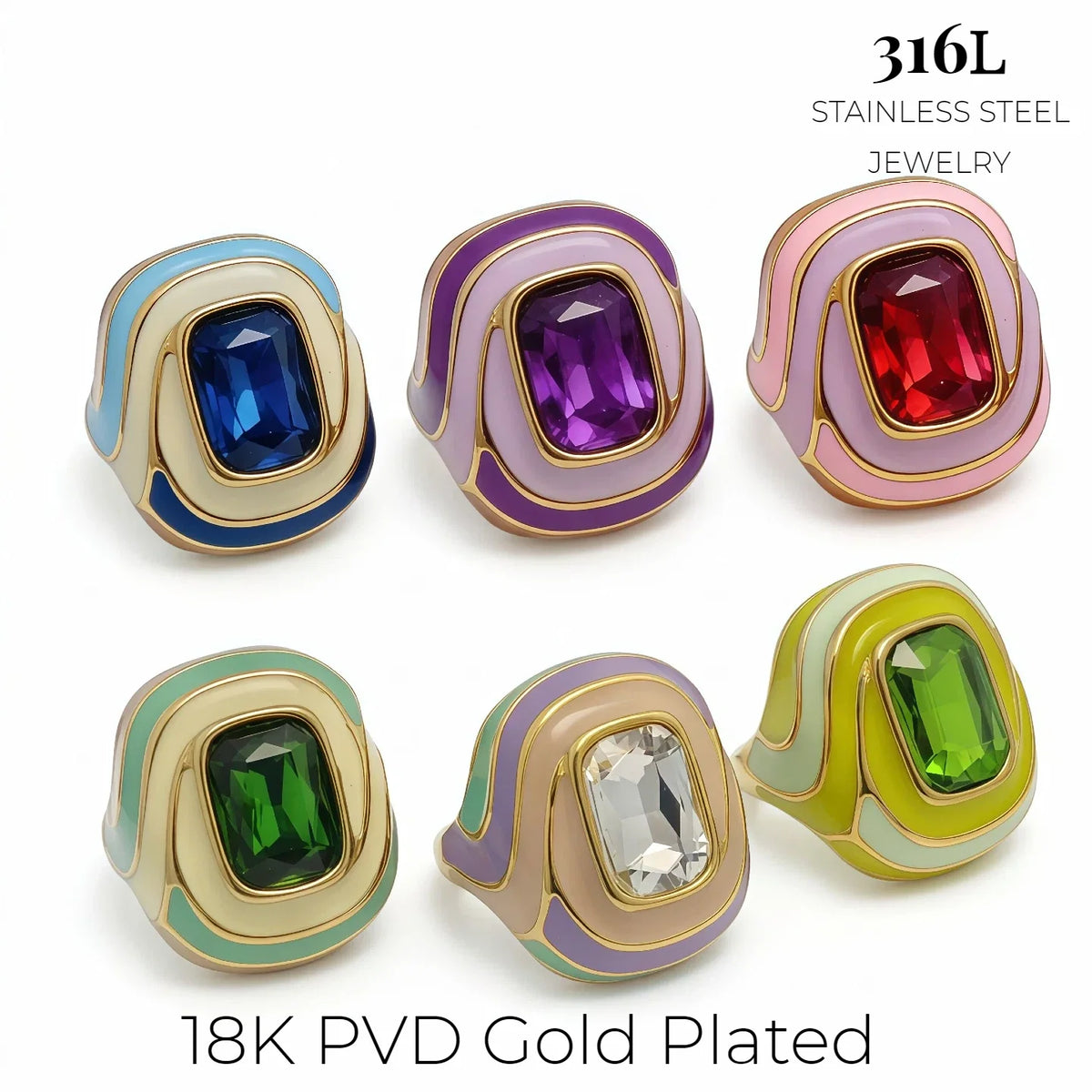 Wholesale 316L Stainless Steel Rings 18K PVD Gold Plated Colorful Enamel Band Large Gemstone Fashion Statement Jewelry for Women-1
