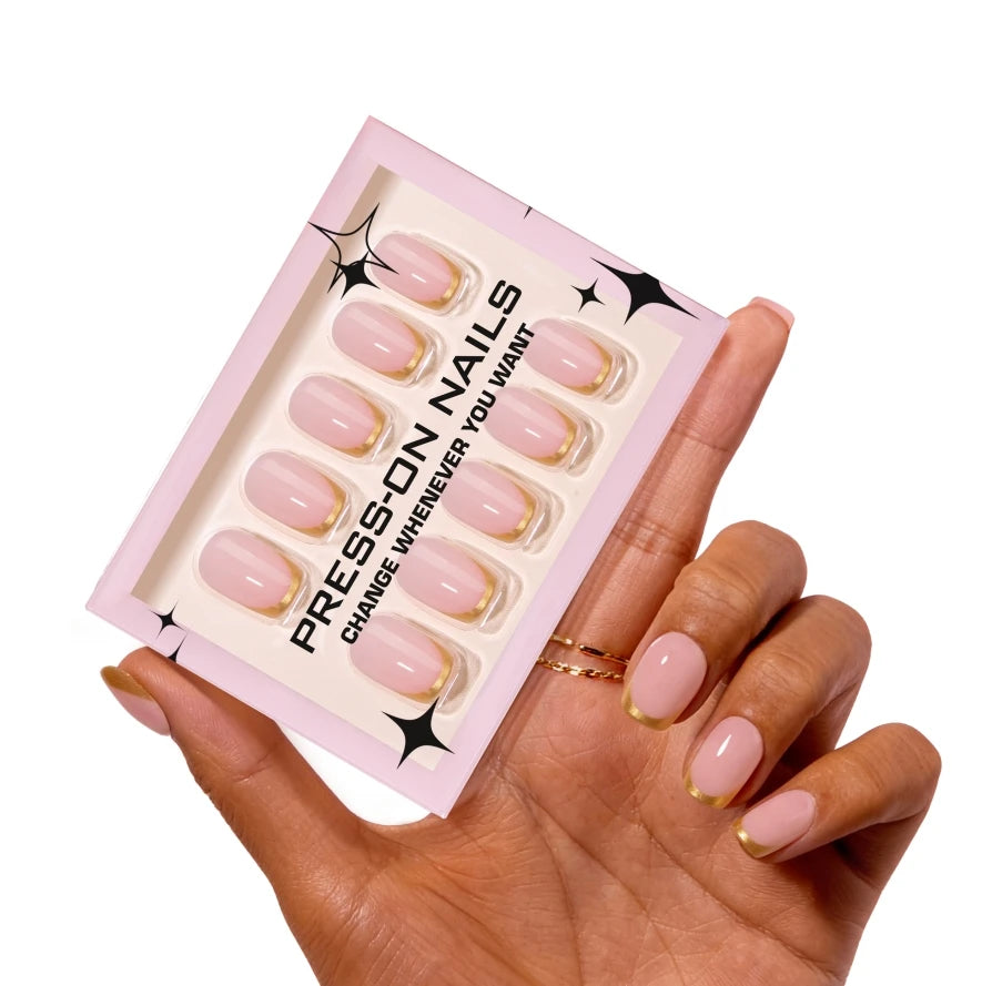 French-style Golden Glitter-coated High-quality 30pcs Acrylic Nail Reusable Stick-on Nails Short square Flexible Press on Nails-2