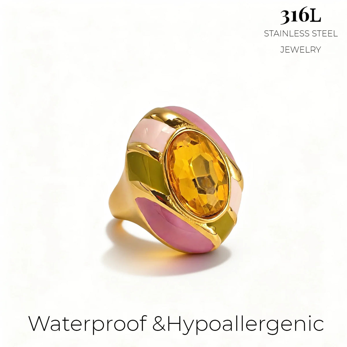 Vintage Oval Glass Stone Enamel Statement Ring Gold Plated Stainless Steel Bold Colorful Chunky Cocktail Ring Fashion Jewelry-8