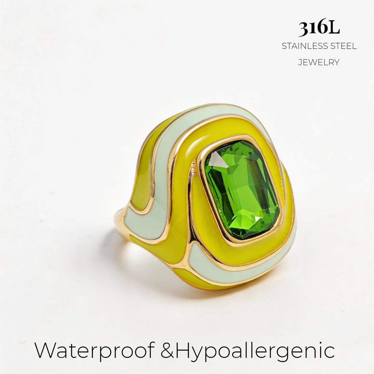 Wholesale 316L Stainless Steel Rings 18K PVD Gold Plated Colorful Enamel Band Large Gemstone Fashion Statement Jewelry for Women-10