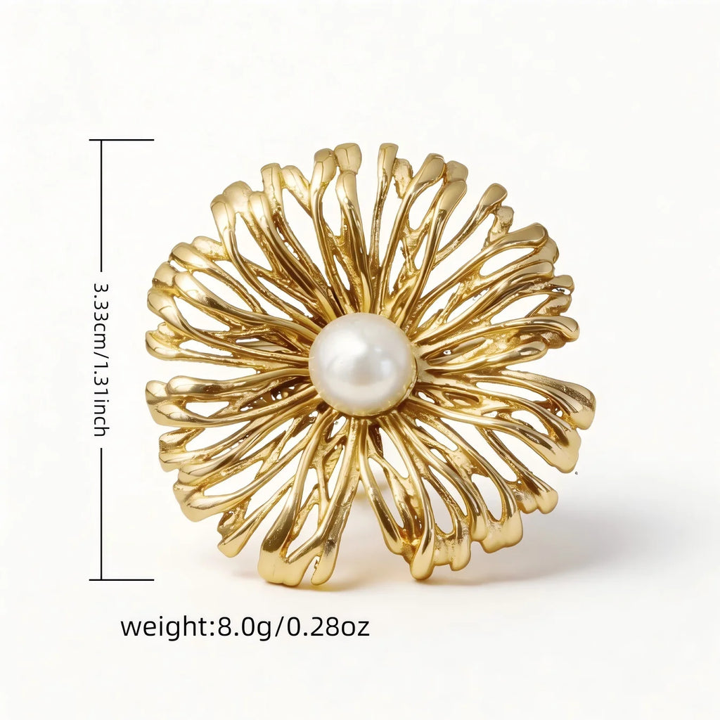 Adjustable Gold Pearl Cuff Rings 316L Stainless Steel 18K 24K Gold Plated Trendy Wholesale Fashion Jewelry Floral Starfish-4