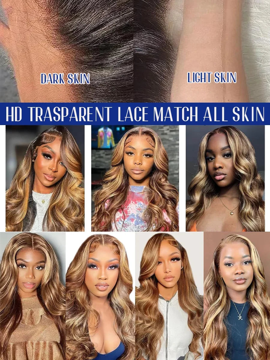P4/27 Highlight Body Wave 40 Inch Long-length & 200% High Density Human Hair Wigs HD Transparent Skin-melt Swiss Lace Frontal Wig-4