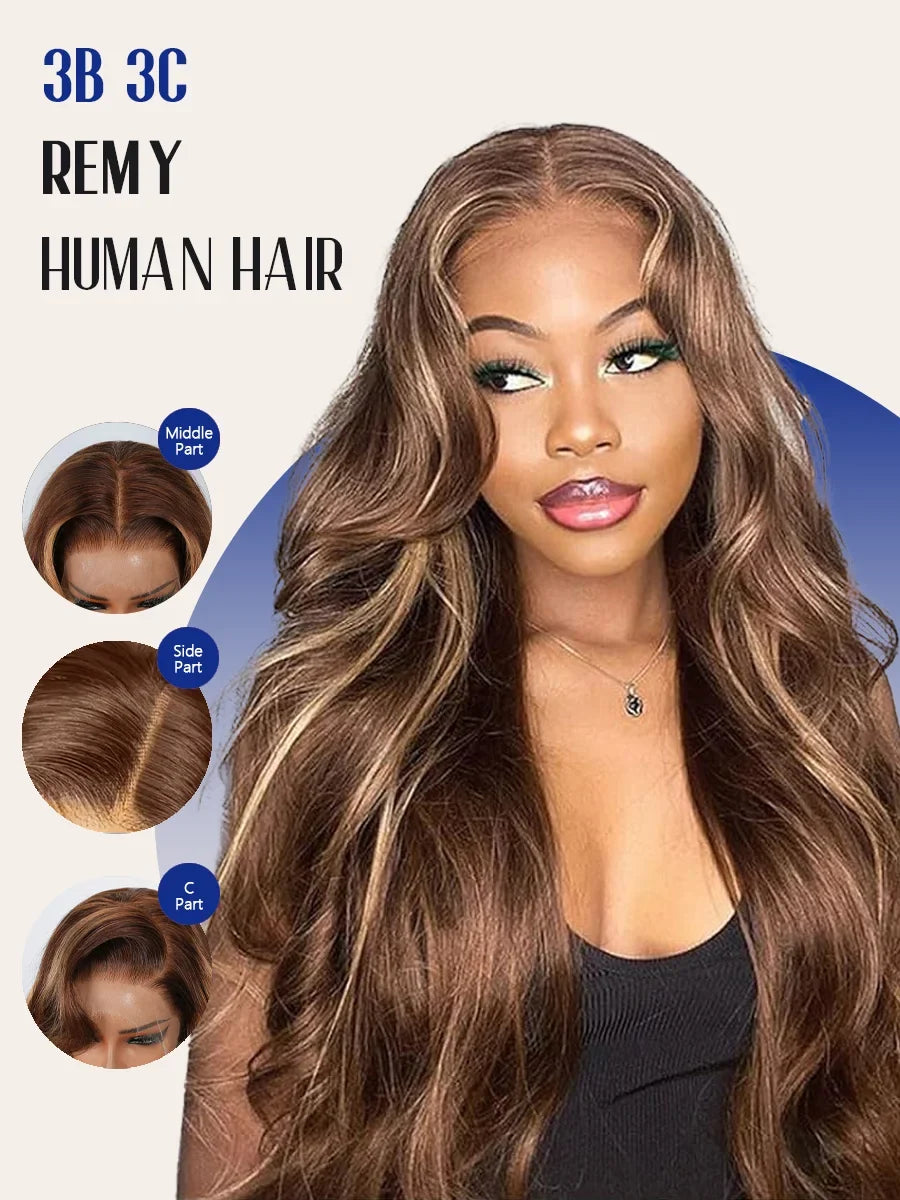 P4/27 Highlight Body Wave 40 Inch Long-length & 200% High Density Human Hair Wigs HD Transparent Skin-melt Swiss Lace Frontal Wig-0