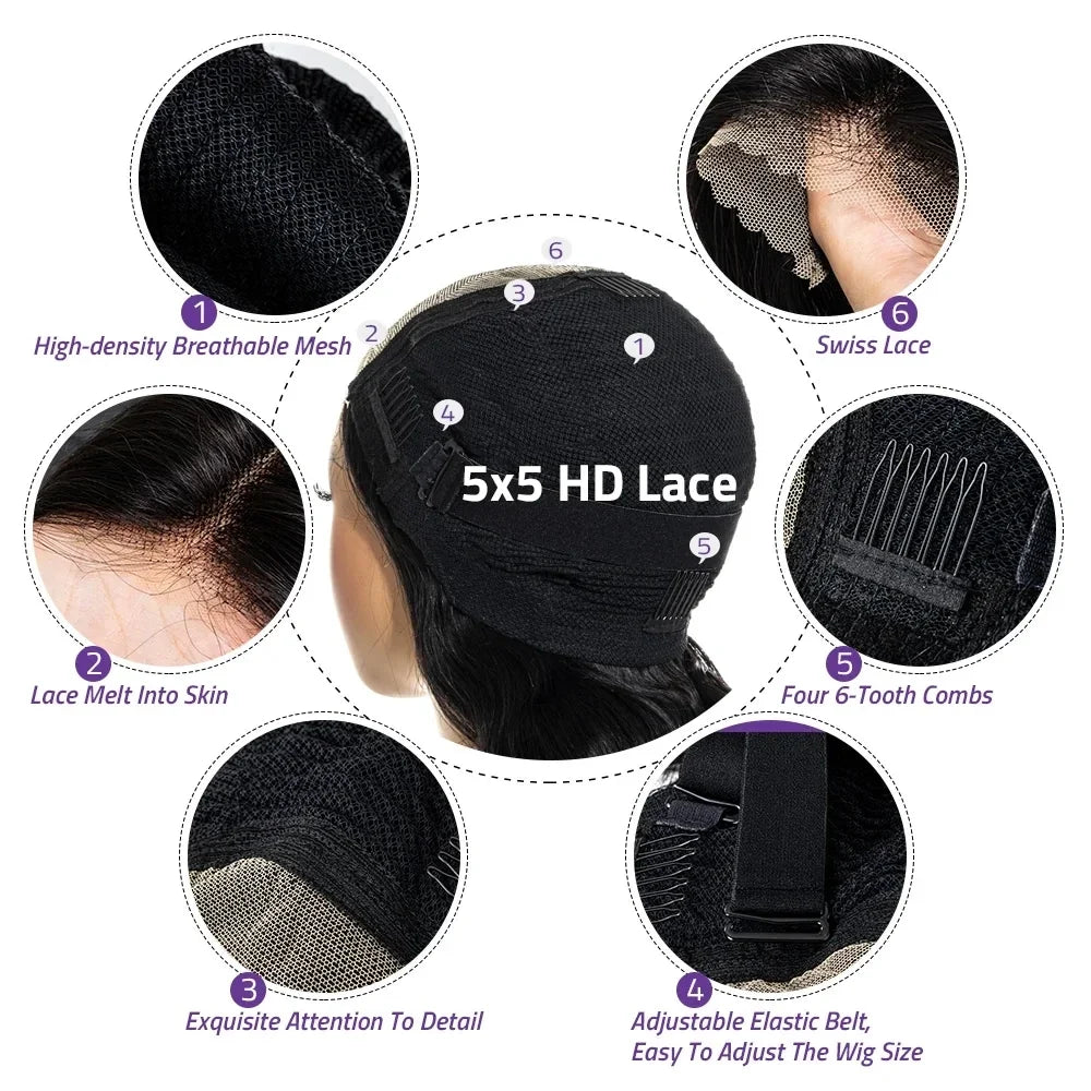 Body Wave 13x6 HD Transparent Lace Front Human Hair Wig 40 Inch Pre Plucked 220 Density 5x5 Glueless Lace Frontal Wigs for Women-7