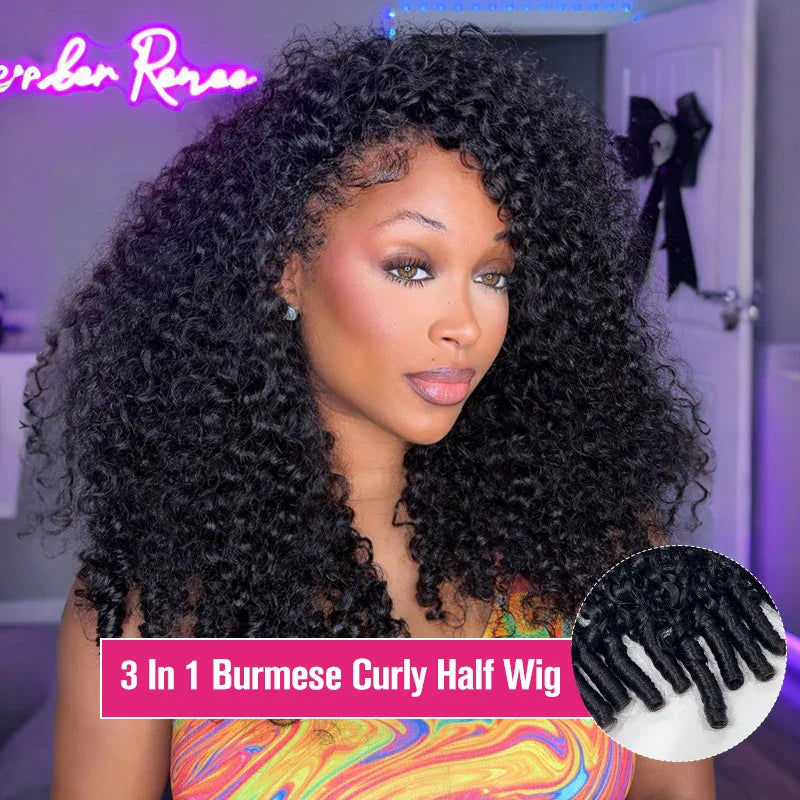 300 Density Burmese Curly Human Hair Wigs For Women 4C Afro Kinky Culry 3 IN 1 Half Wigs Human Hair Wigs 100% Human Hair On Sale-0
