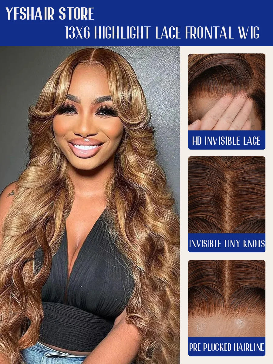 P4/27 Highlight Body Wave 40 Inch Long-length & 200% High Density Human Hair Wigs HD Transparent Skin-melt Swiss Lace Frontal Wig-3
