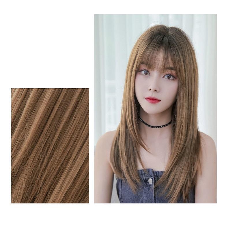 NNEIDS Sleek Long Hair Wig Set With Air Bangs - Cool Style-1