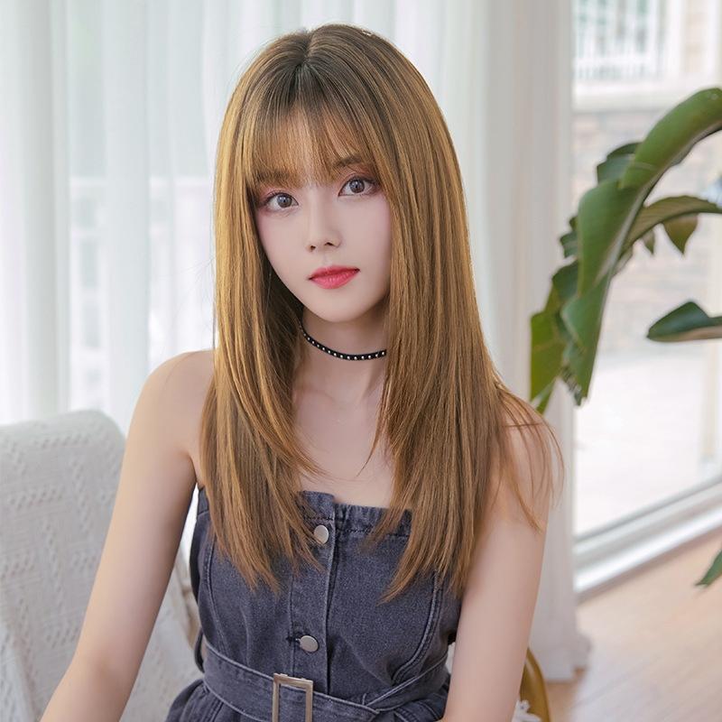 NNEIDS Sleek Long Hair Wig Set With Air Bangs - Cool Style-3