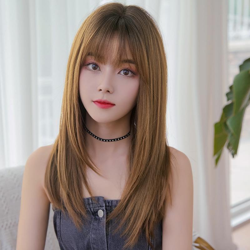NNEIDS Sleek Long Hair Wig Set With Air Bangs - Cool Style-4
