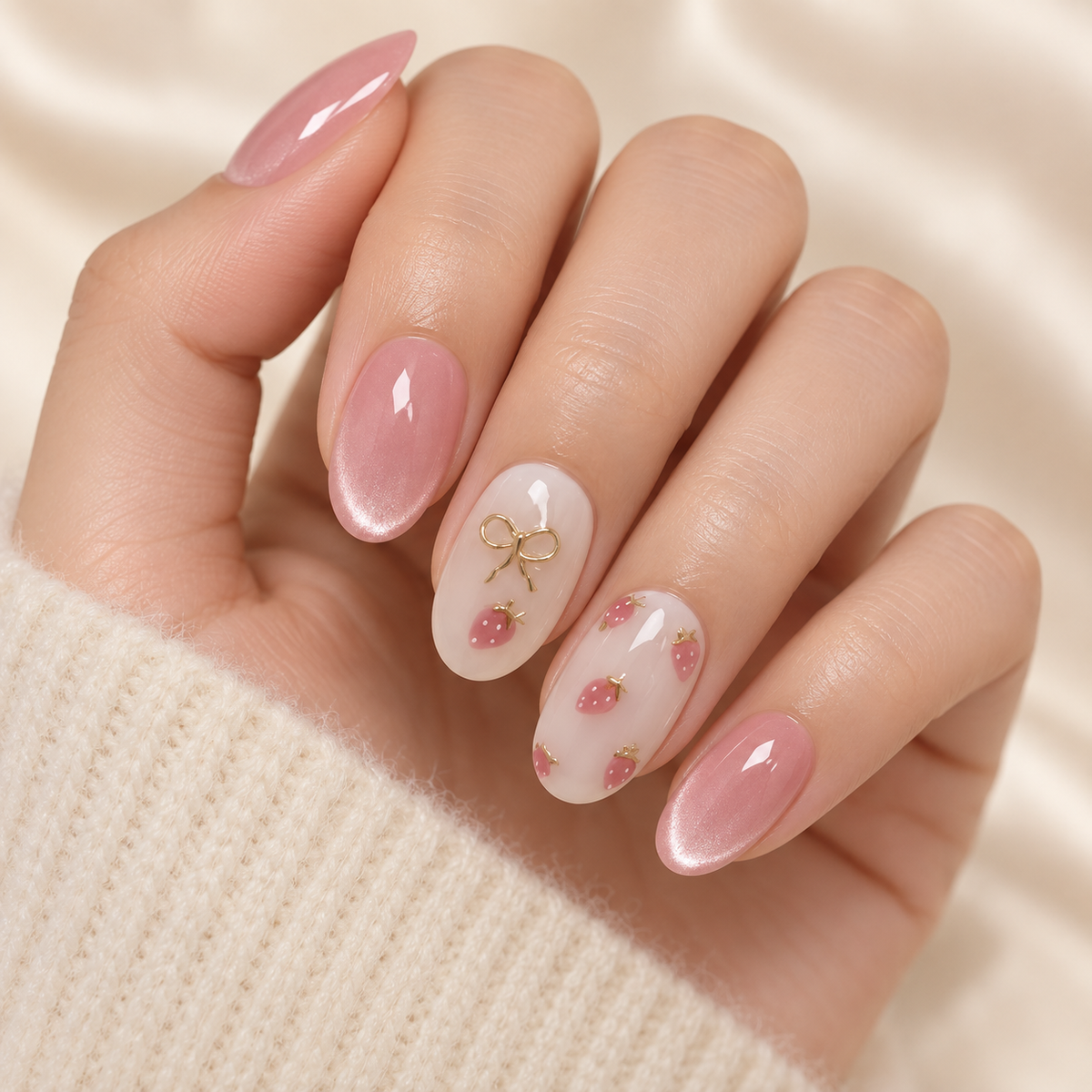 French Butterfly cat-eye press-on nail manicure on a warm ivory background