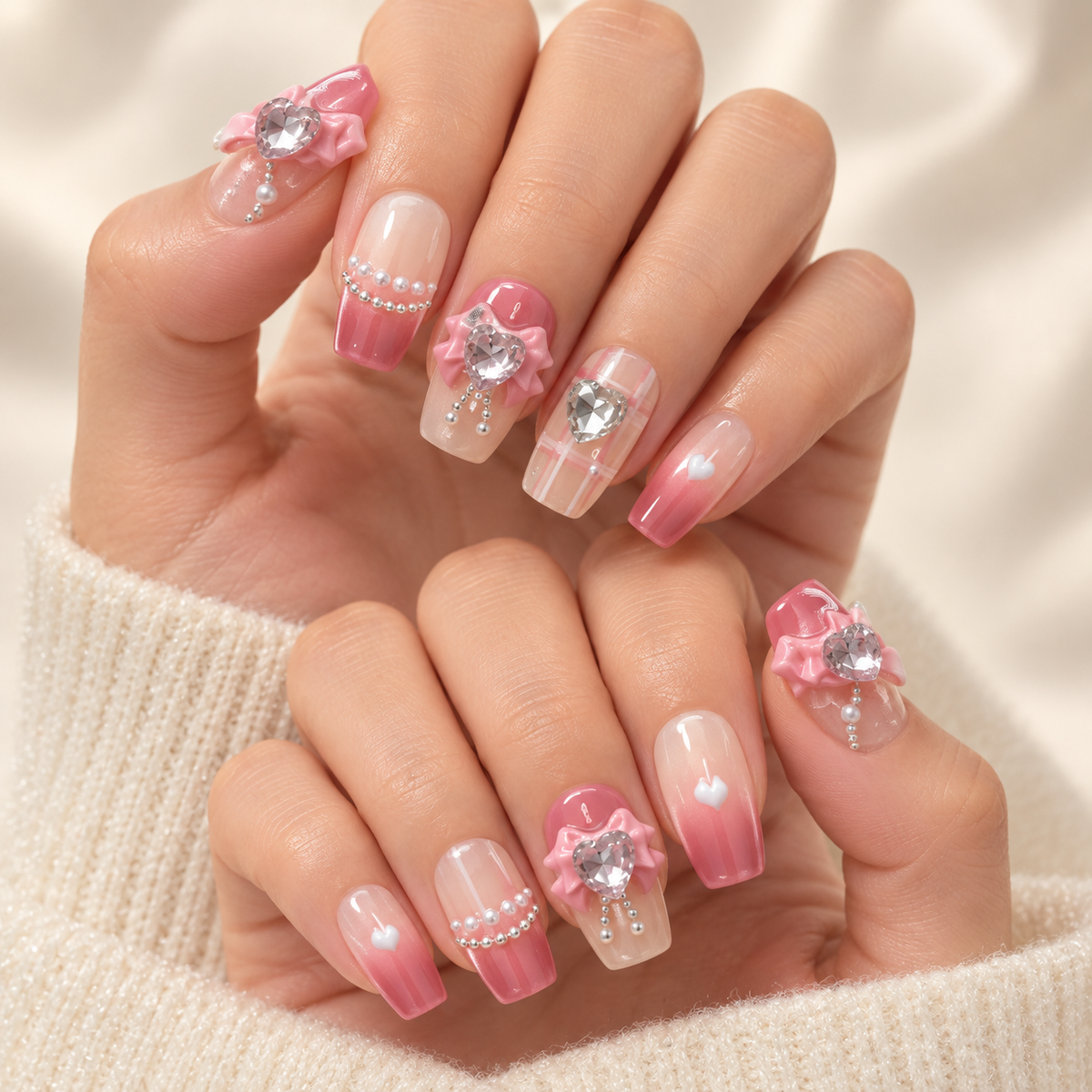 Pink Cat-Eye handmade press-on nail manicure on a warm ivory background