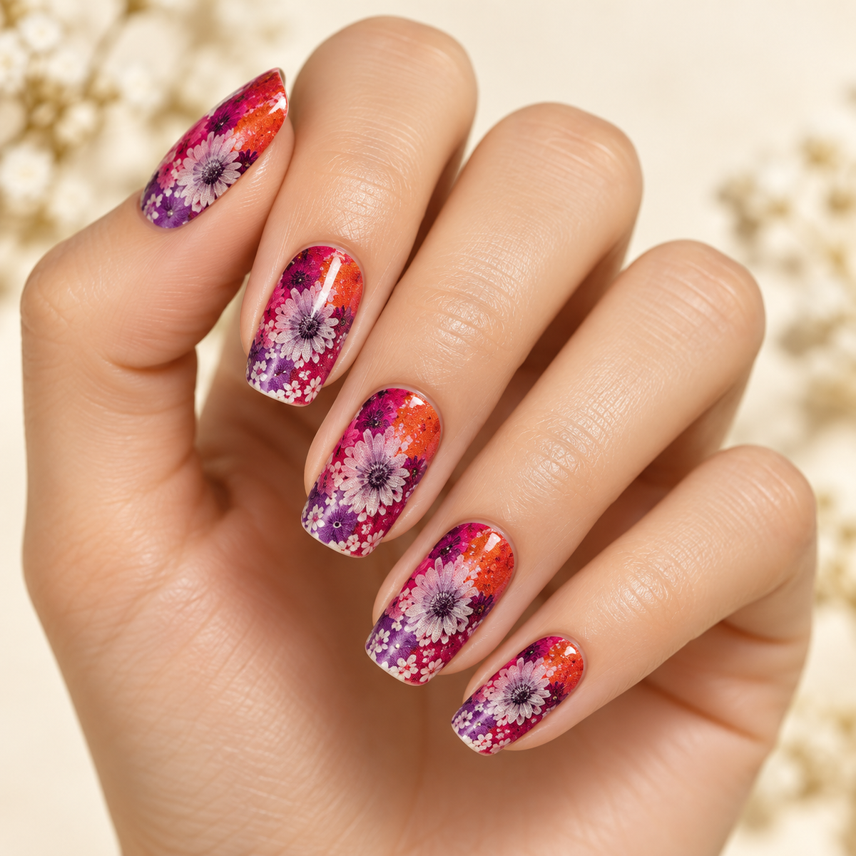 Garden-inspired long-wear nail sticker manicure on a warm ivory background