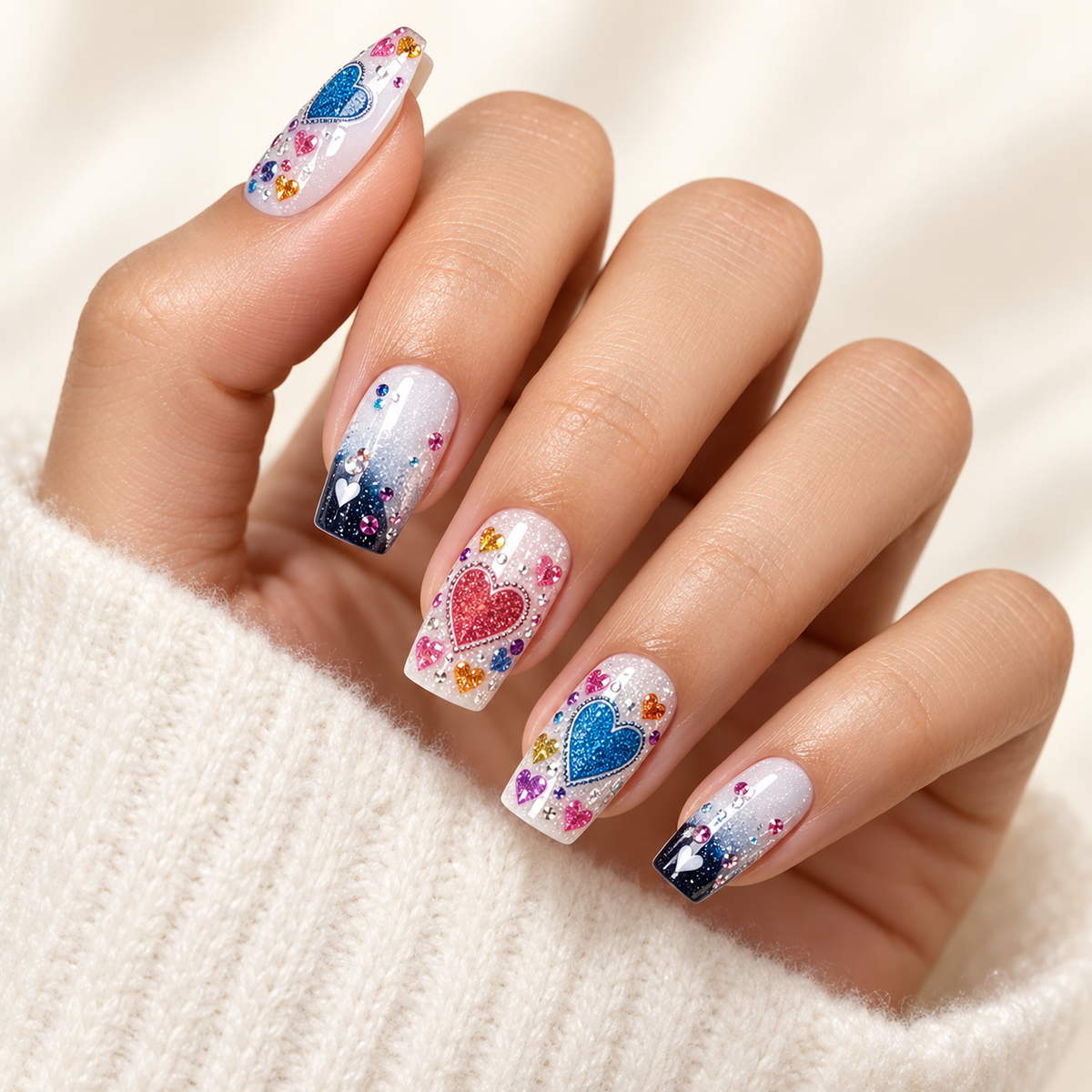 Love-inspired long-wear nail sticker manicure on a warm ivory background